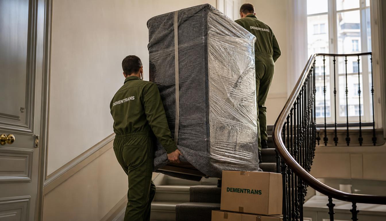 Déménageurs DEMENTRANS montant un meuble protégé dans un escalier