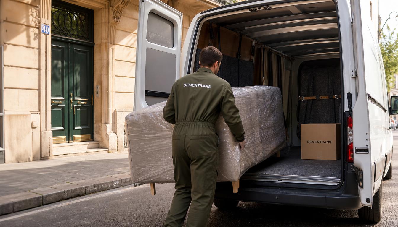 Chargement d'un canapé protégé dans le camion DEMENTRANS