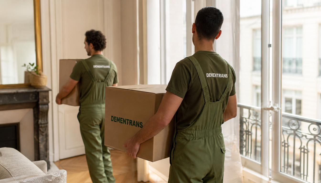 Déménageurs DEMENTRANS portant des cartons dans un appartement stéphanois