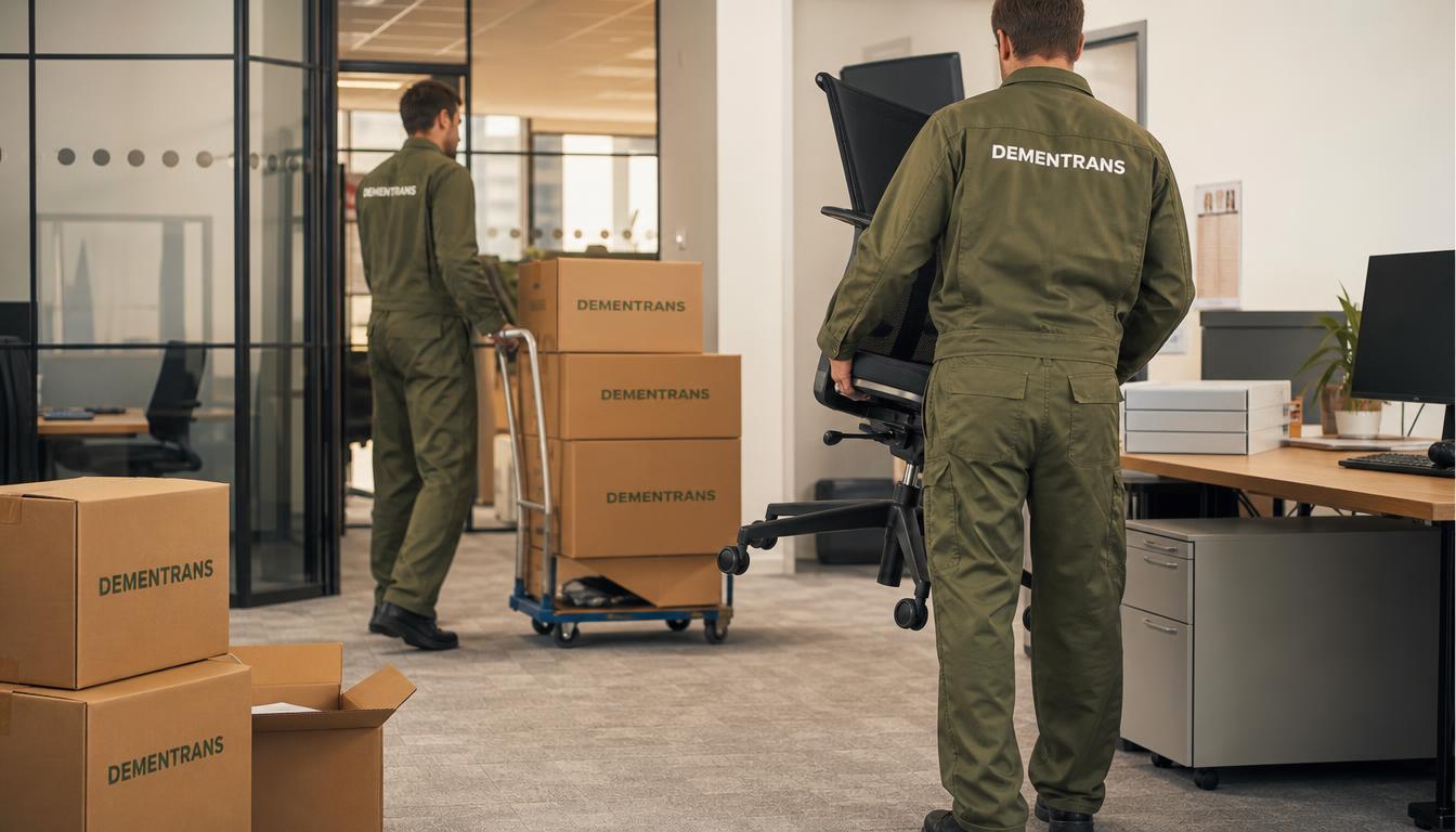 Équipe DEMENTRANS transférant des cartons et du mobilier de bureau